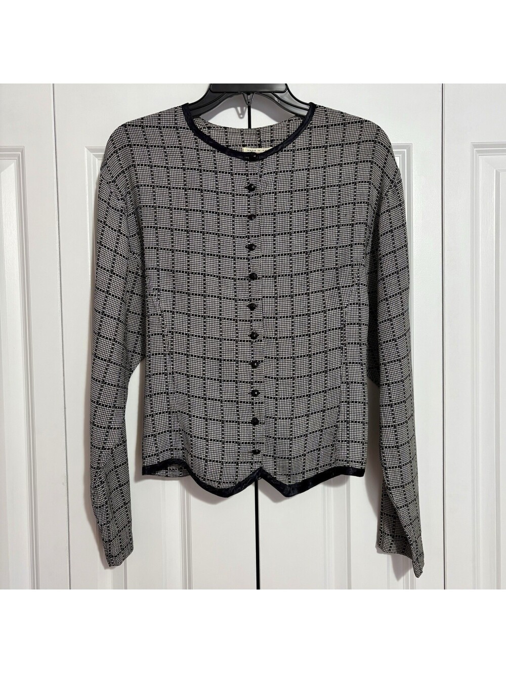 Sisley Women Shirt Vintage 80s Black White Houndstooth Button Down Italian Sz M